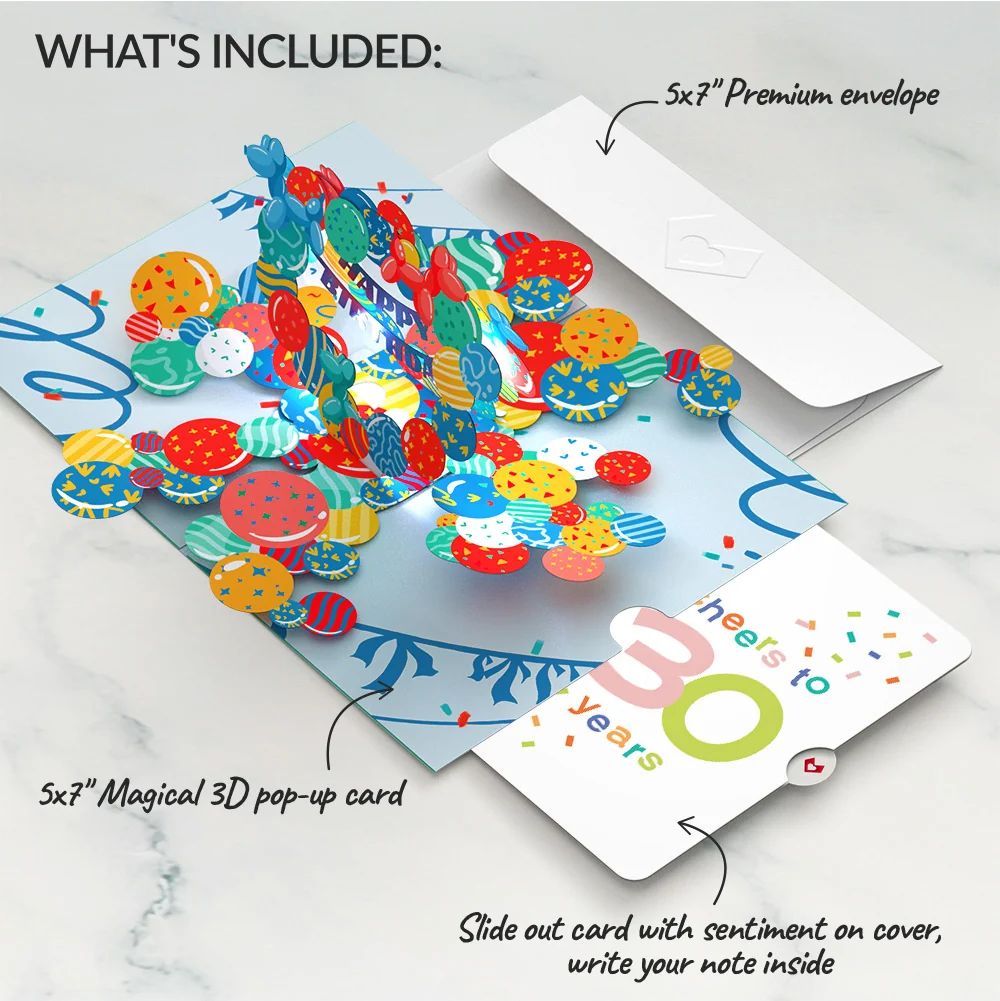 Lovepop Happy 30th Birthday Balloons Music and Lights Pop-Up Card and Confetti Cake Sentiment Set - Image 2