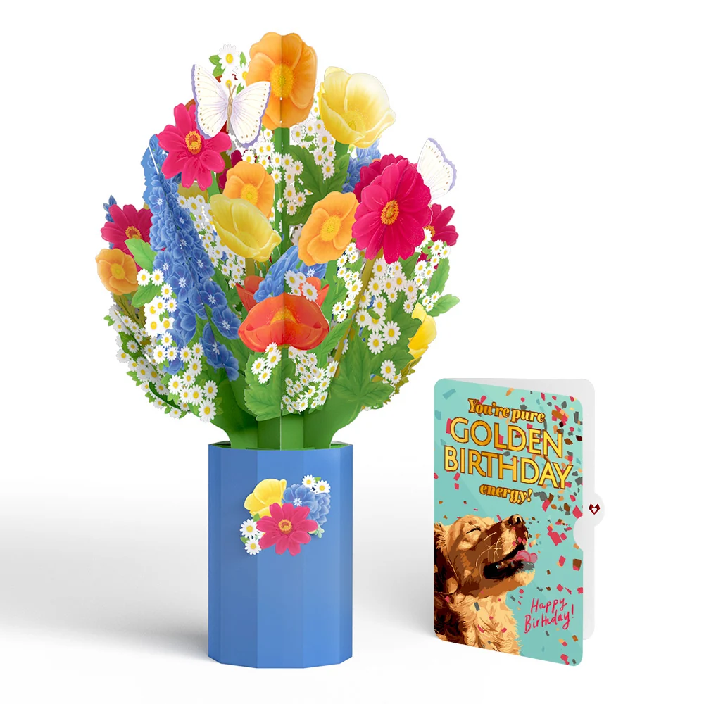 Lovepop Wildflower Birthday Bouquet and Golden Energy Sentiment Set Vase