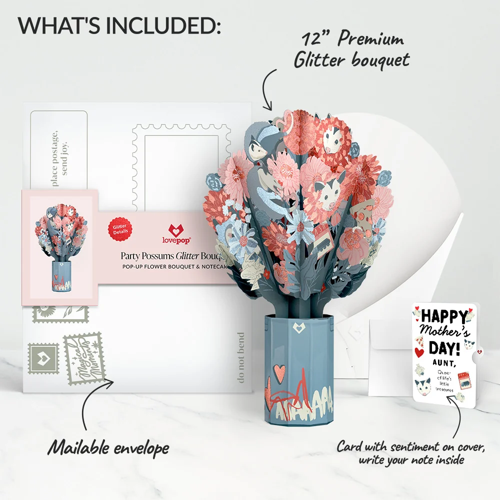 Lovepop Party Possums Mother’s Day Glitter Bouquet and Sentiment Set for Aunt Vase - Image 2