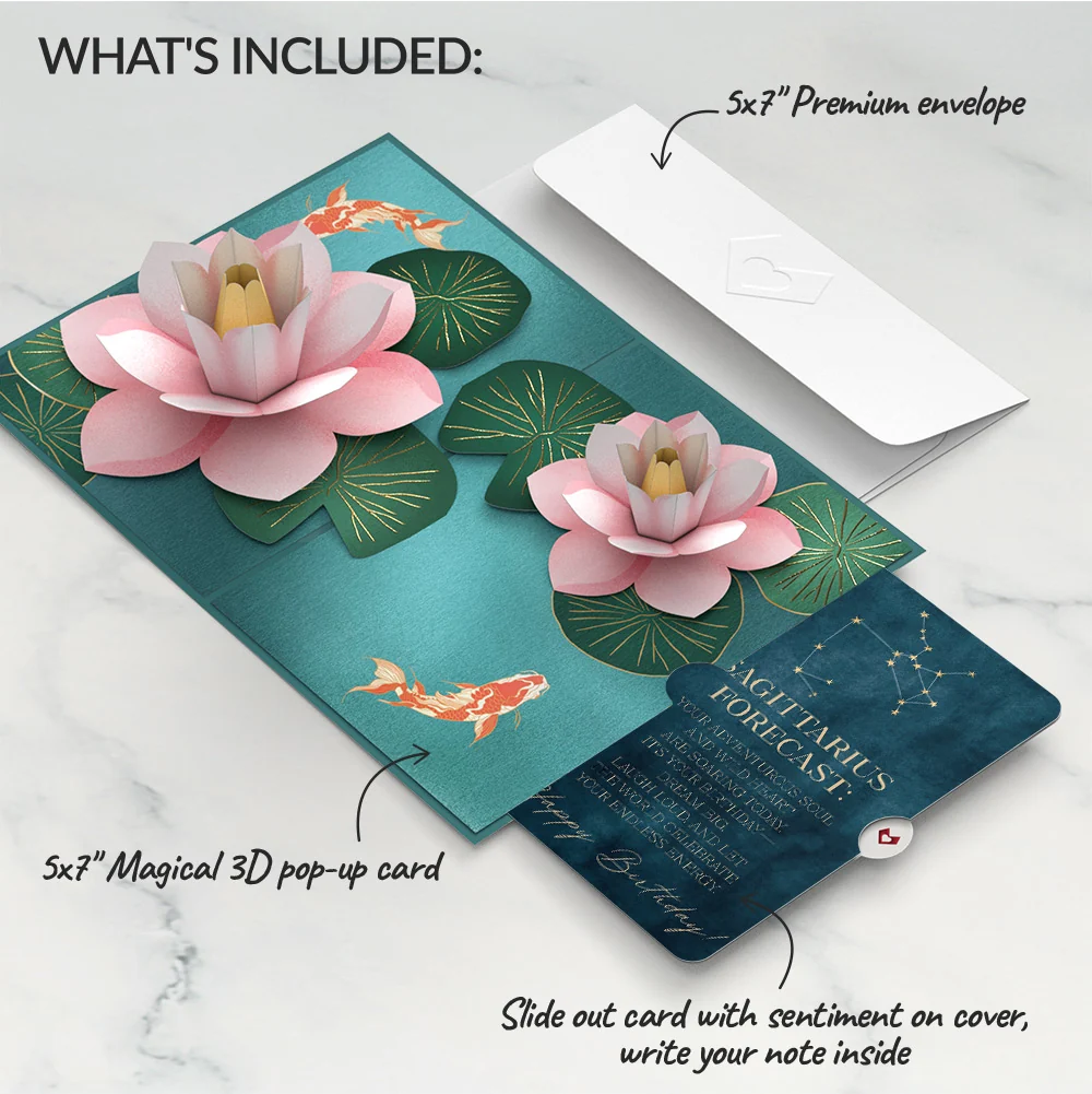 Lovepop Koi Fish and Lotus Pond Birthday Pop-Up Card and Sagittarius Zodiac Sentiment Set - Image 2