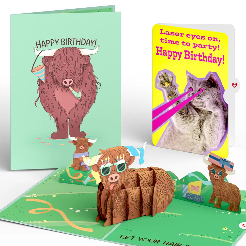 Lovepop Highland Cow with Cat Laser Eyes Birthday Pop-Up Card and Sentiment Set