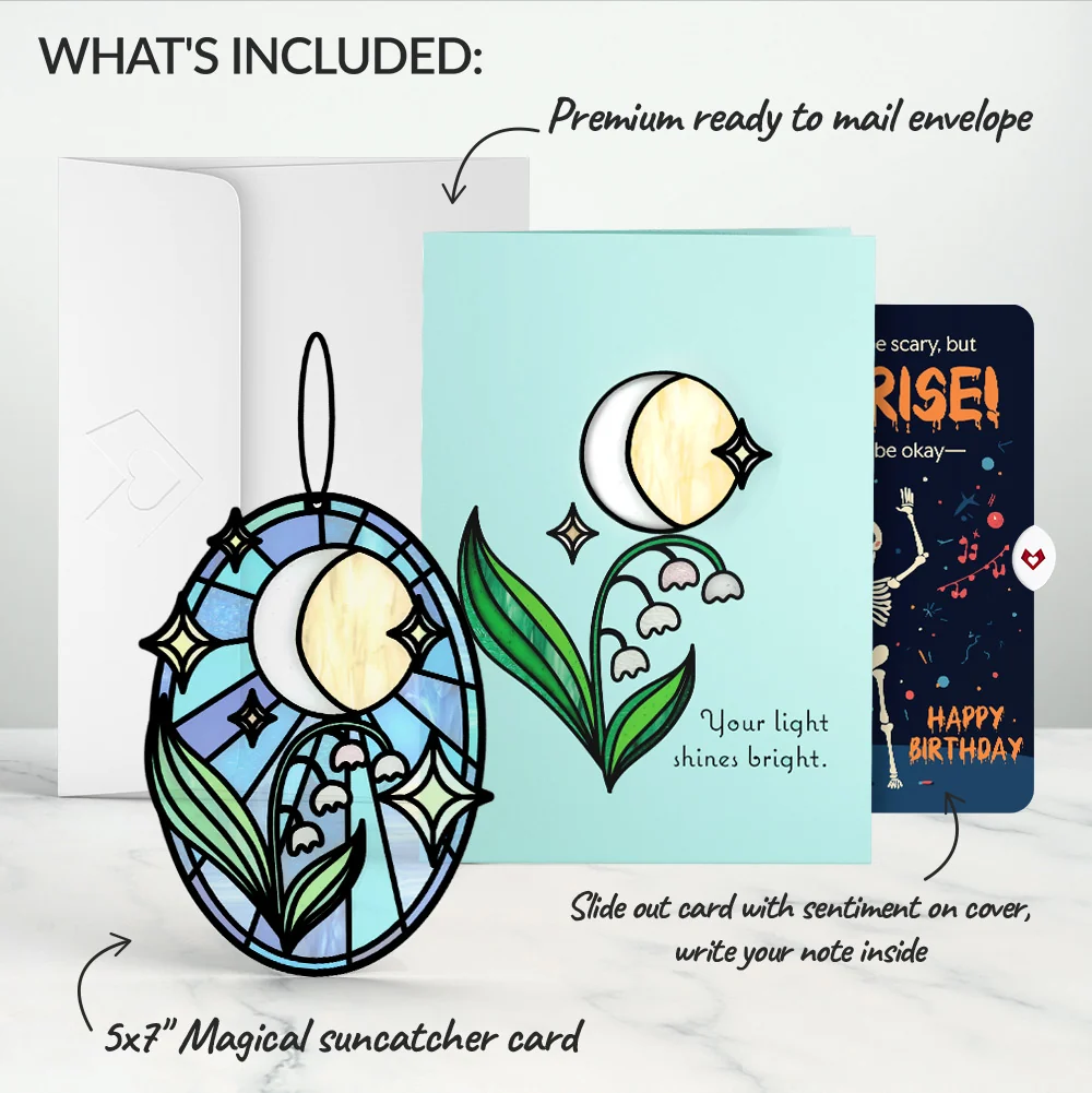 Lovepop Shine Bright Twilight Bloom Birthday Suncatcher Card and Surprise Skeleton Sentiment Set Glass - Image 2
