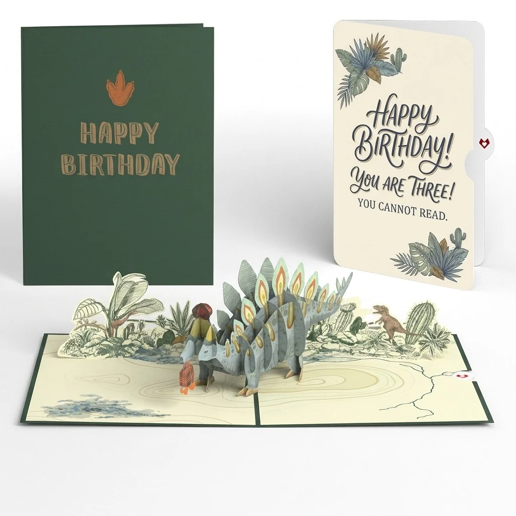 Lovepop Stegosaurus 3rd Birthday Pop-Up Card and Sentiment Set Plate