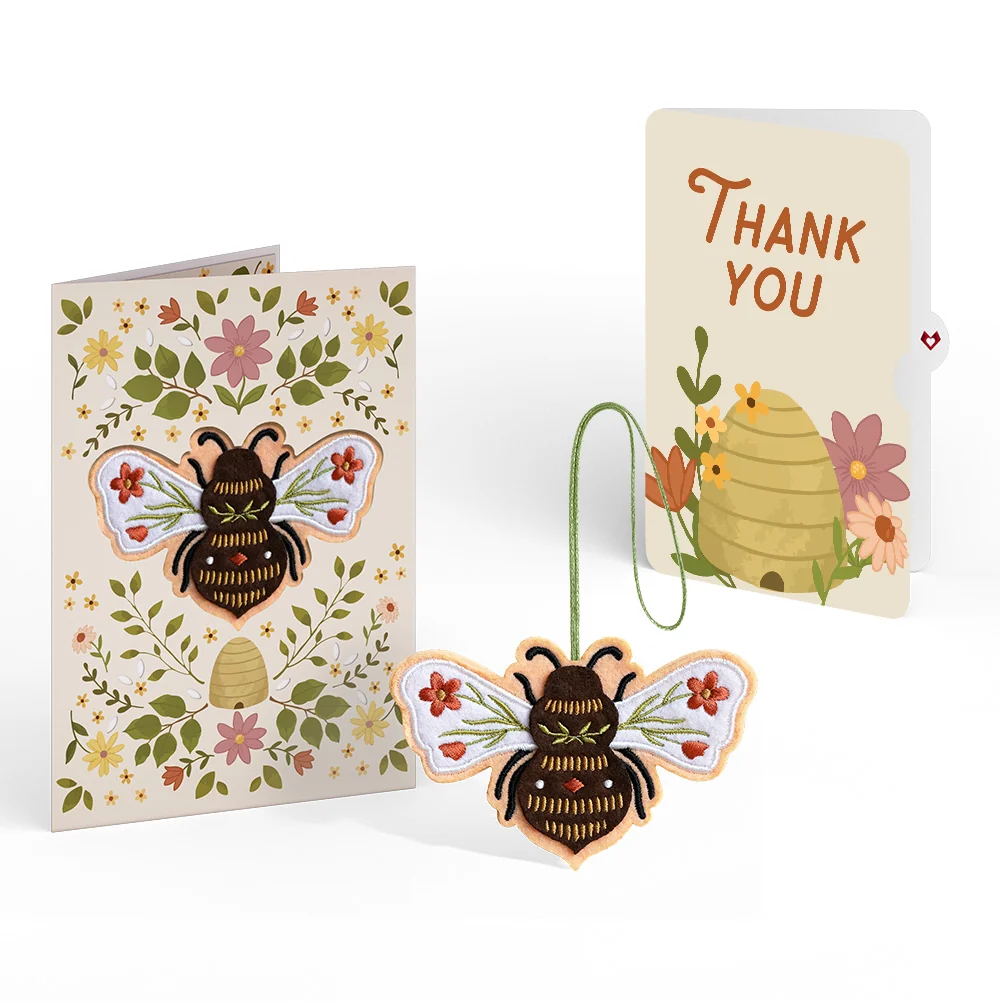 Lovepop Botanical Bee Thank You HeartFelt Charm Card and Sentiment Set Cream
