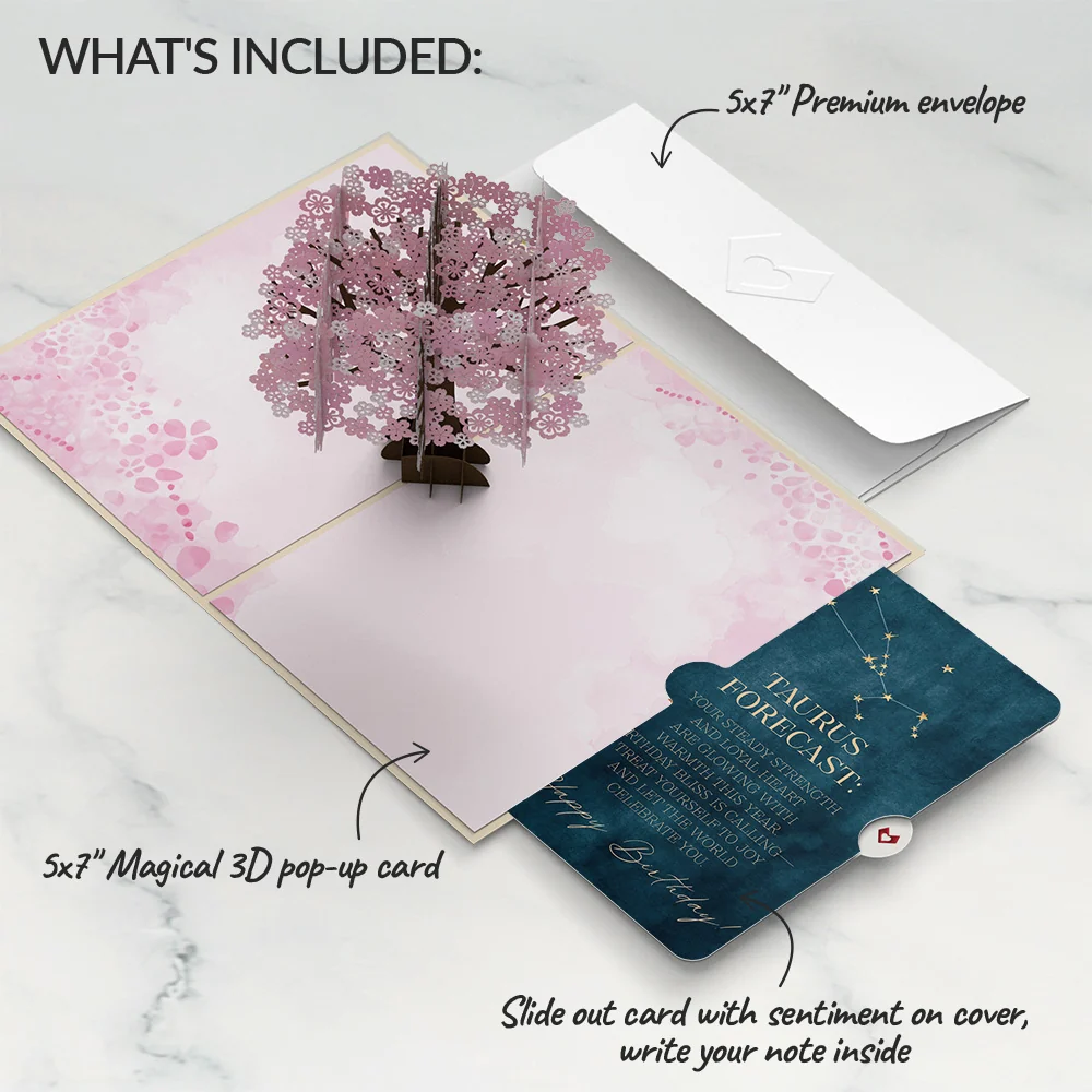 Lovepop Cherry Blossom Birthday Pop-Up Card and Taurus Zodiac Sentiment Set Cream - Image 2