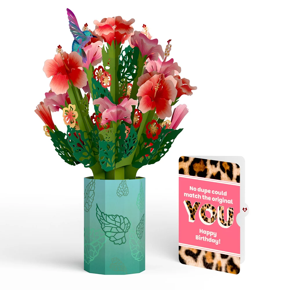 Lovepop Hibiscus Birthday Bouquet and The original YOU Sentiment Set Vase