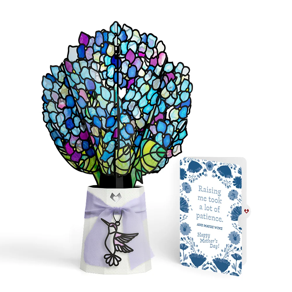 Lovepop Sunlit Hydrangeas Mother’s Day Suncatcher Bouquet and Vintage Blue Floral Sentiment Set for Mom Glass