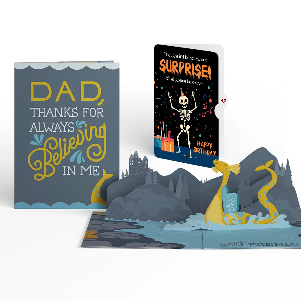 Lovepop Dad You're a Legend Loch Ness Monster Birthday Pop-Up Card and Surprise Skeleton Sentiment Set Scale