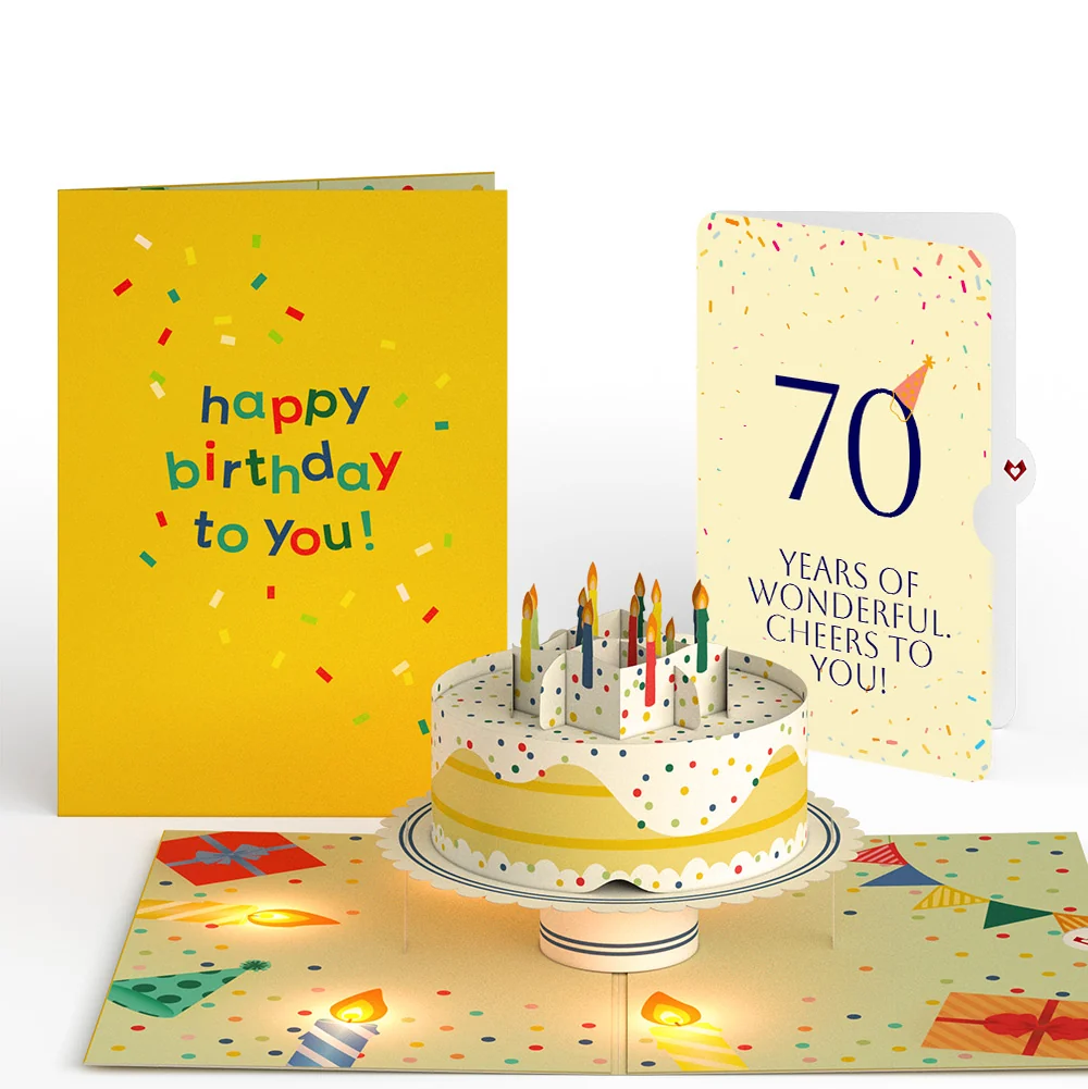 Lovepop Happy 70th Birthday Confetti Cake Music and Lights Pop-Up Card and Party Hat Sentiment Set Candle