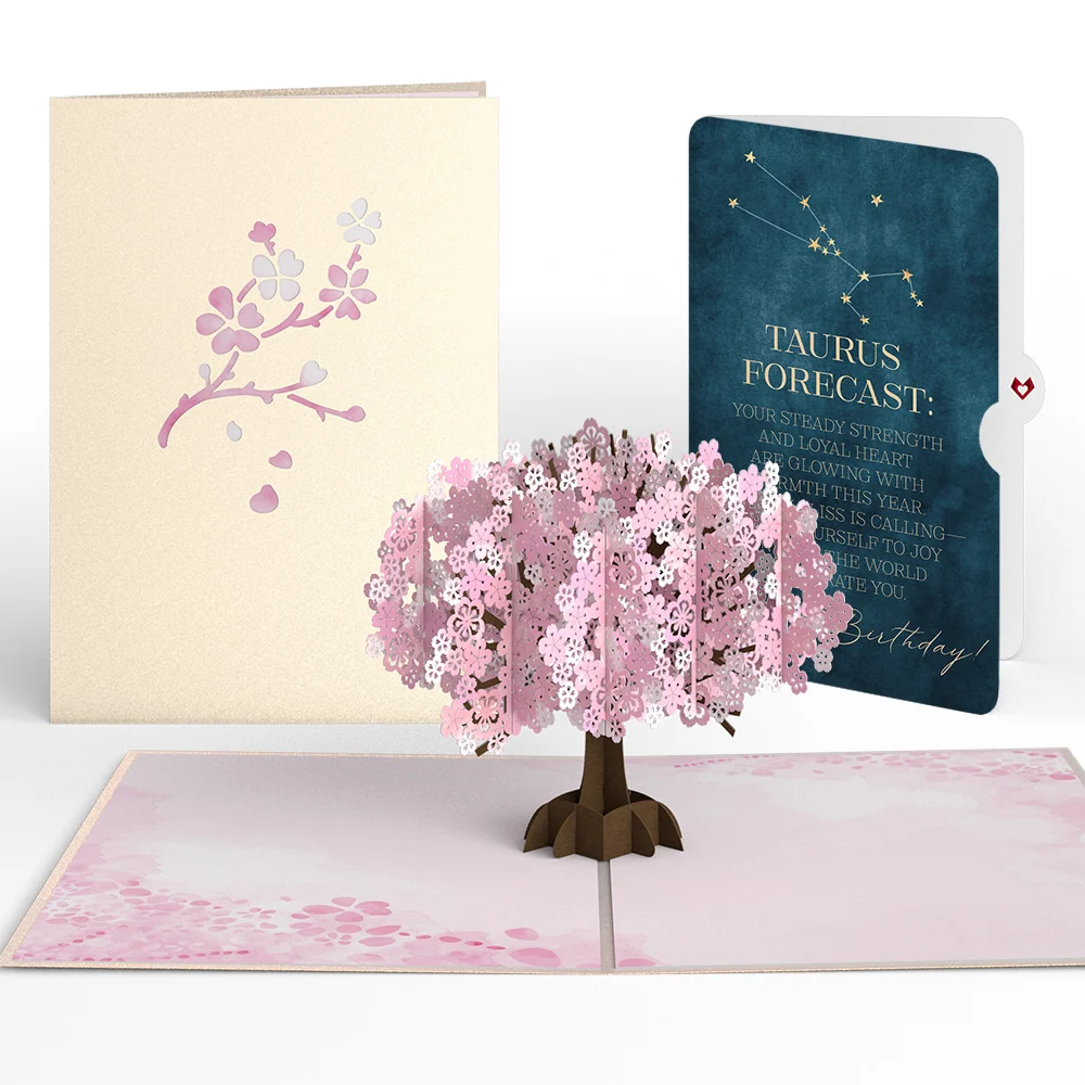 Lovepop Cherry Blossom Birthday Pop-Up Card and Taurus Zodiac Sentiment Set Cream