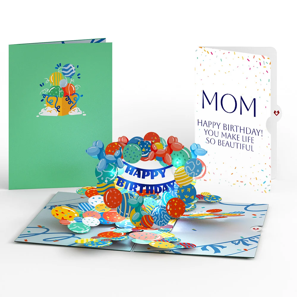 Lovepop Happy Birthday Balloons Music and Lights Pop-Up Card and Beautiful Life Sentiment Set for Mom