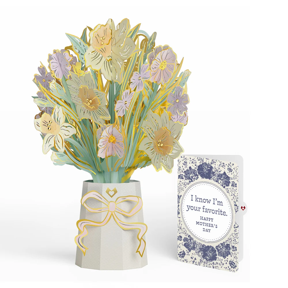 Lovepop Gilded Daffodil Mother’s Day Luxe Bouquet and Indigo Floral Sentiment Set for Mom Vase