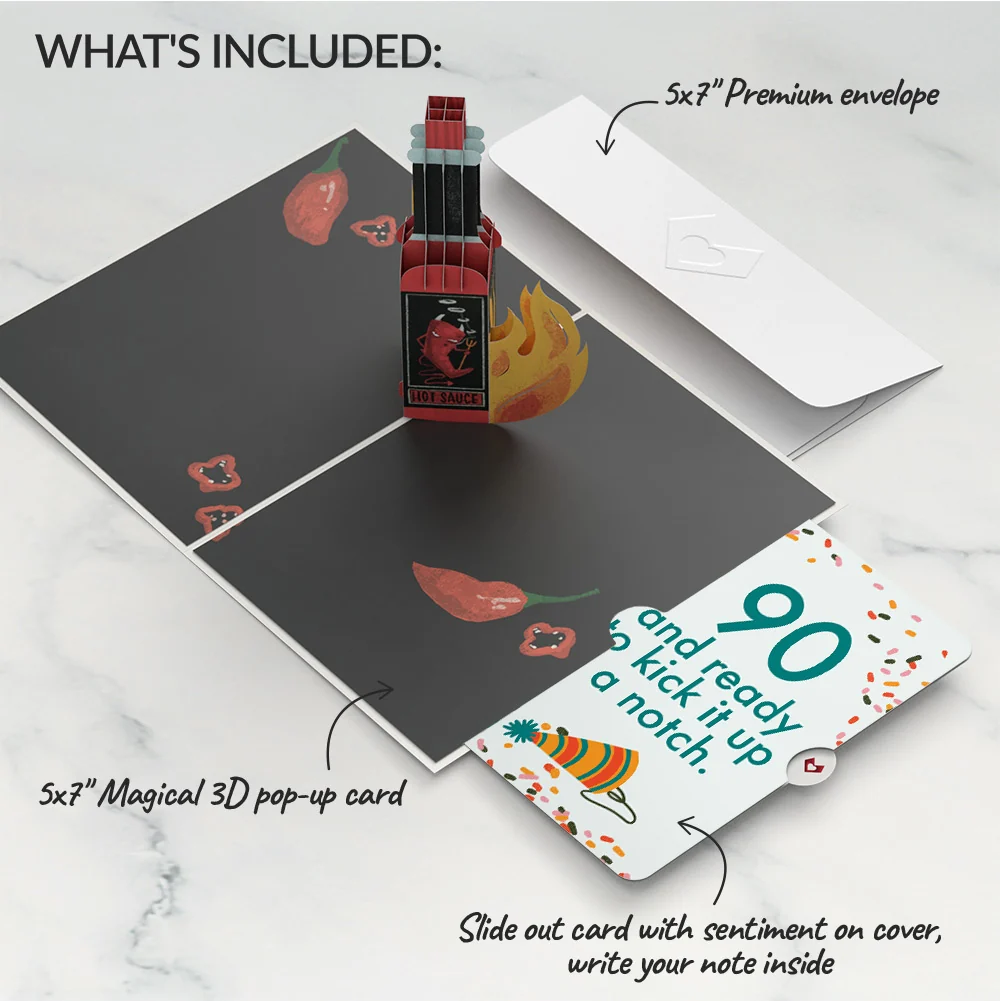 Lovepop Happy Birthday Hot Stuff Pop-Up Card and 90th Kick It Up Sentiment Set Bottle - Image 2