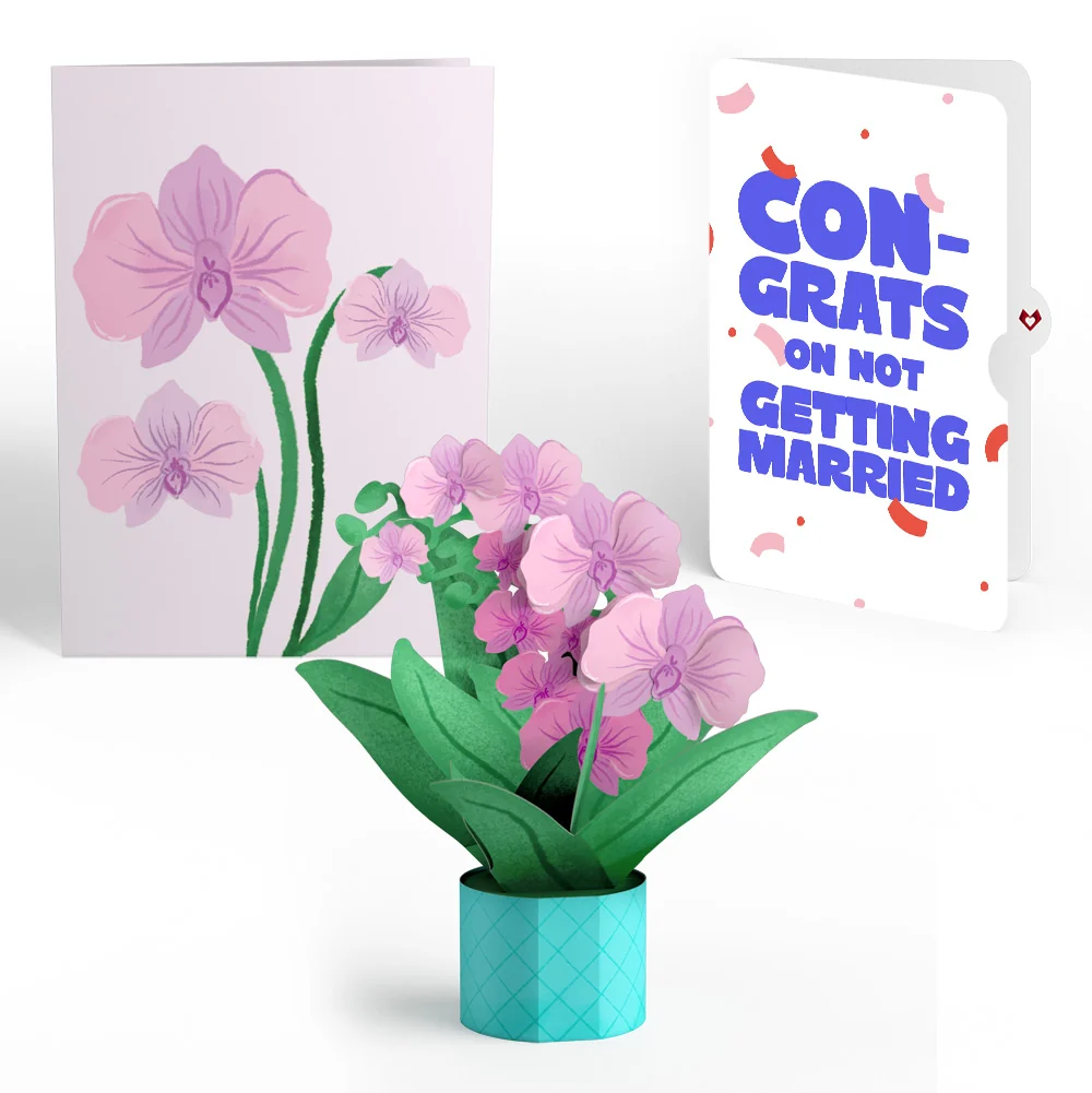 Lovepop Orchid Breakup Card with Mini Bouquet and Playful Confetti Sentiment Set Pot