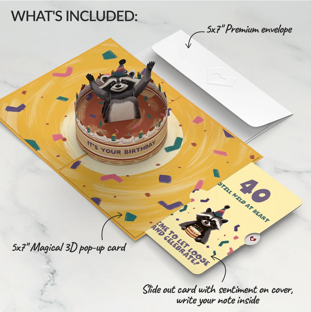Lovepop Go Feral Raccoon 40th Birthday Pop-Up Card and Sentiment Set Candle - Image 2