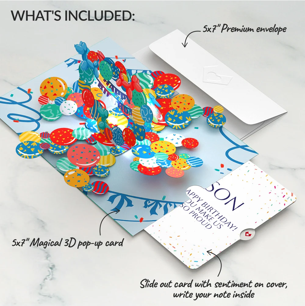 Lovepop Happy Birthday Balloons Music and Lights Pop-Up Card and Sentiment Set for Son - Image 2