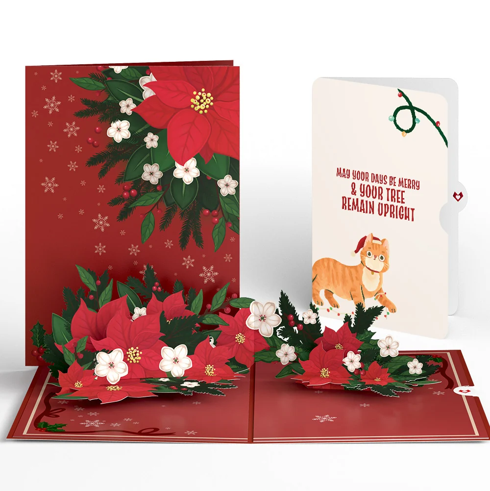 Lovepop Poinsettia & Pine Christmas Pop-Up Card and Funny Cat Sentiment Set Cream
