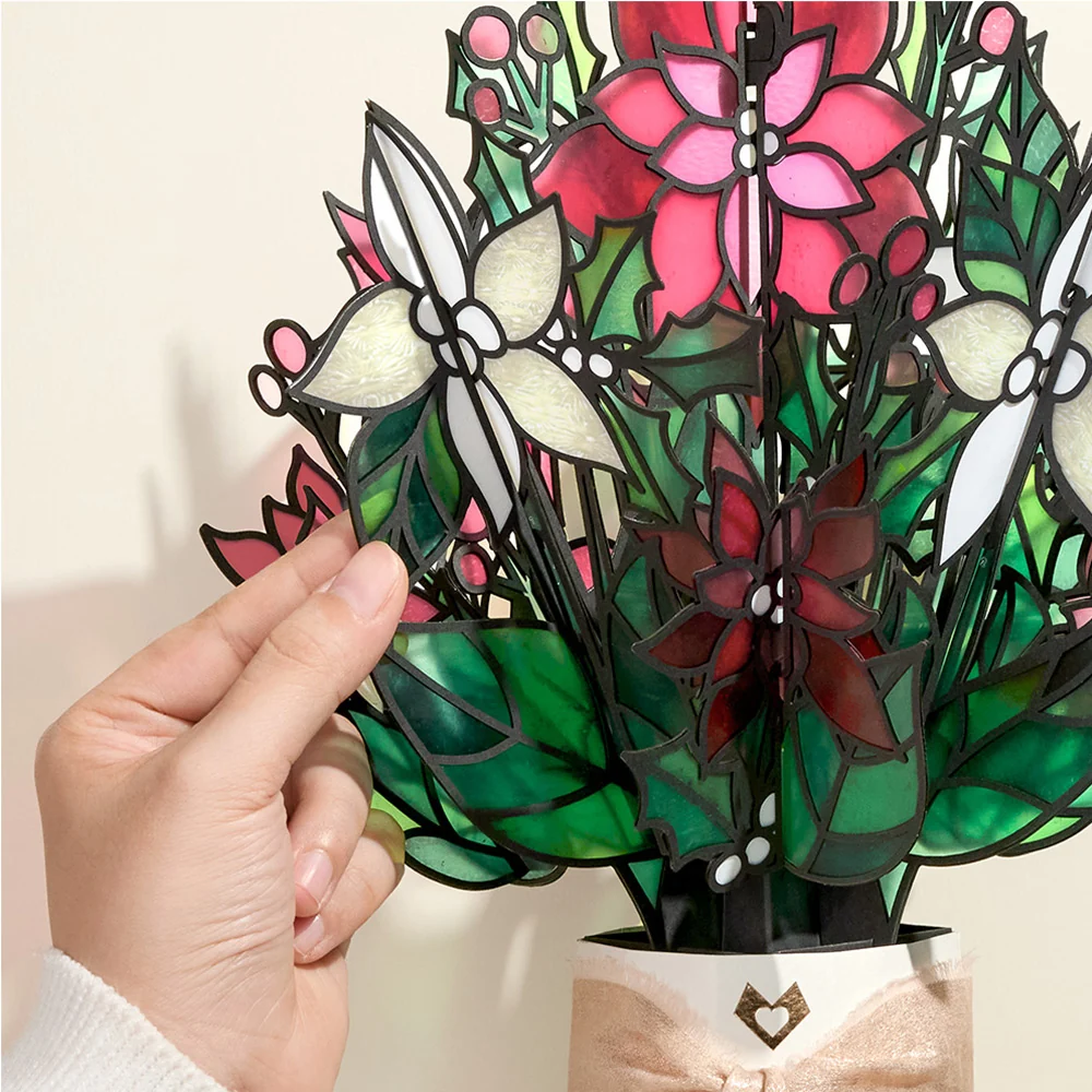 Lovepop Poinsettia Shimmer Christmas Suncatcher Bouquet and Hungry Cat Sentiment Set Glass - Image 3