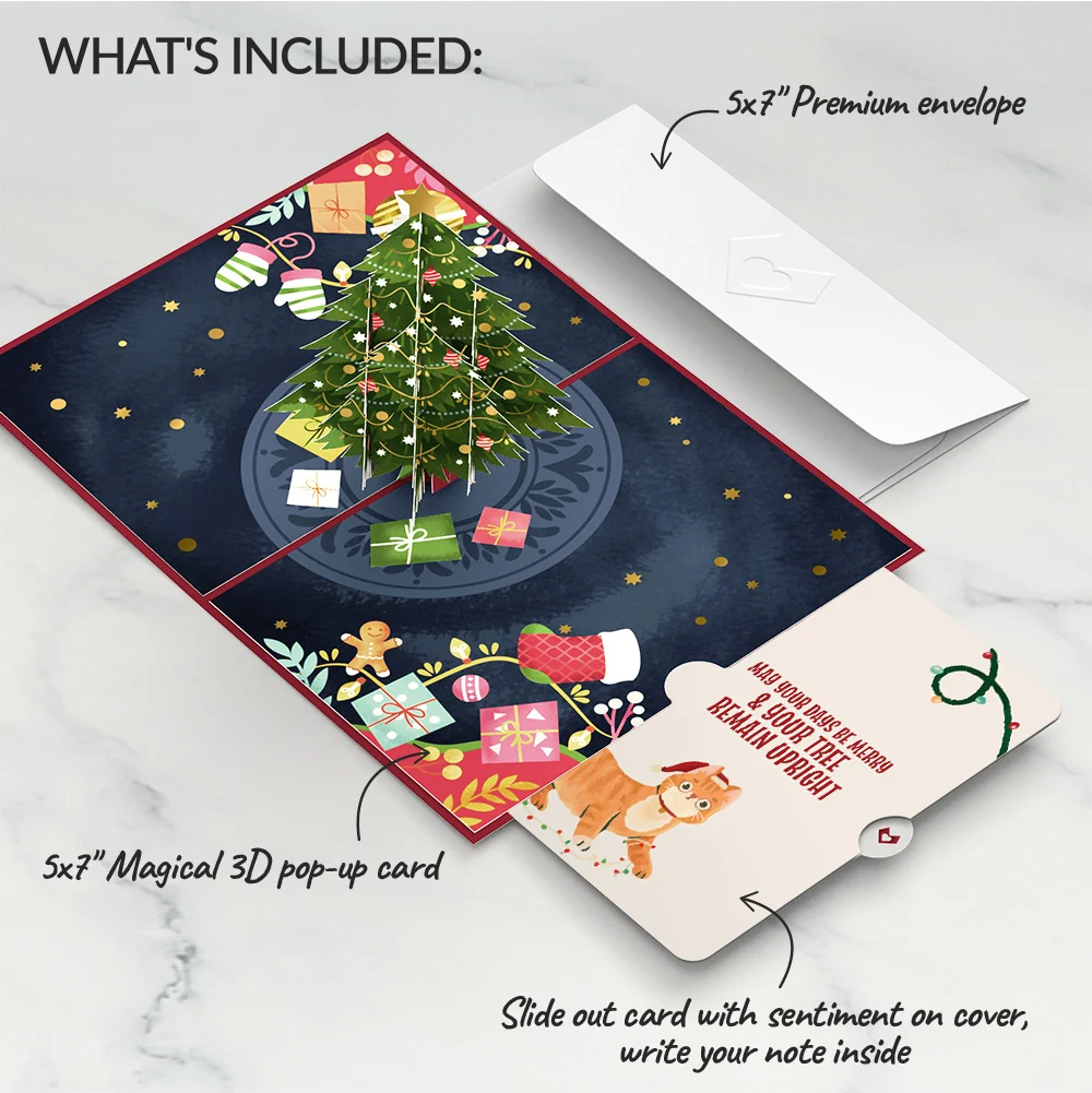 Lovepop Festive Christmas Tree Pop-Up Card and Funny Cat Sentiment Set Cream - Image 2