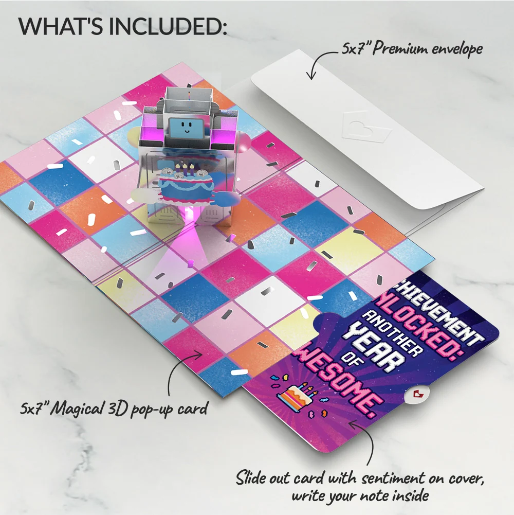 Lovepop Robot Birthday Party Music and Lights Pop-Up Card and Achievement Unlocked Sentiment Set Candle - Image 2