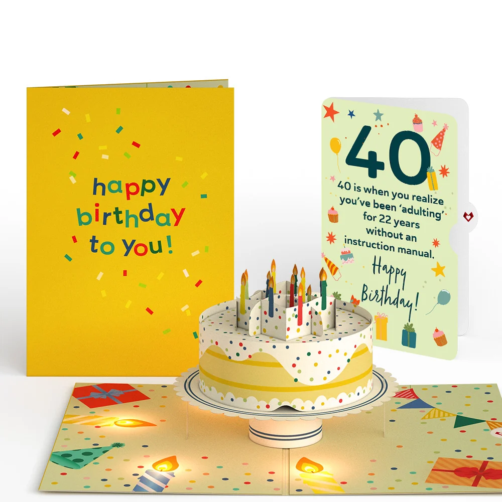 Lovepop Happy 40th Birthday Confetti Cake Music and Lights Pop-Up Card and Sentiment Set Candle