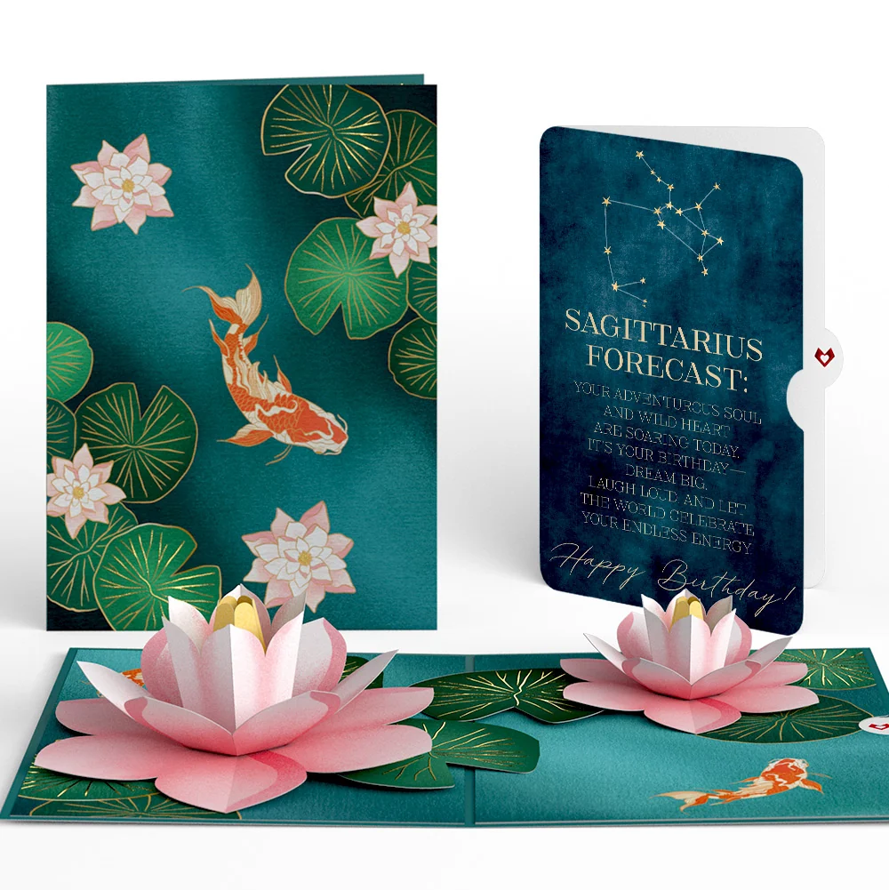 Lovepop Koi Fish and Lotus Pond Birthday Pop-Up Card and Sagittarius Zodiac Sentiment Set