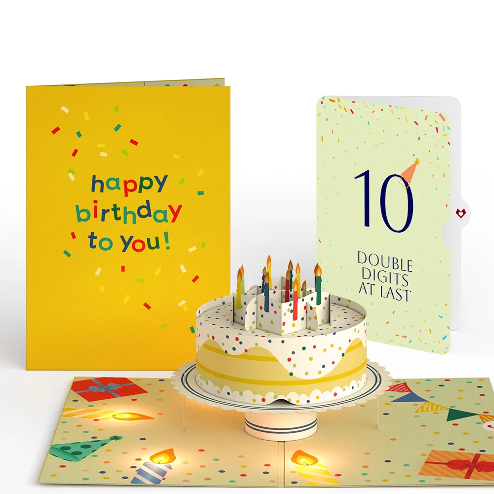 Lovepop Happy 10th Birthday Confetti Cake Music and Lights Pop-Up Card and Party Hat Sentiment Set Candle