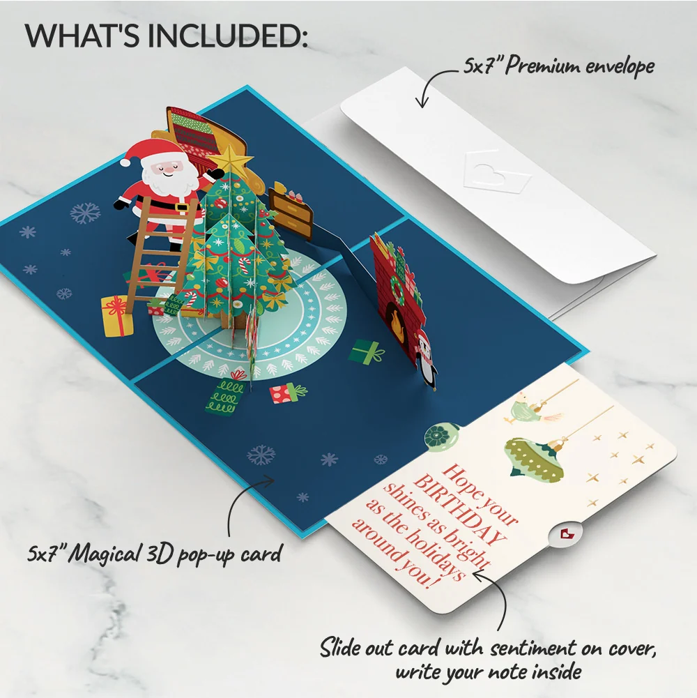 Lovepop Santa Decorating a Christmas Tree Pop-Up Card and Twinkling Ornaments Birthday Sentiment Set - Image 2
