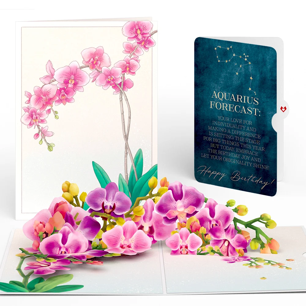 Lovepop Watercolor Orchid Birthday Pop-Up Card and Aquarius Zodiac Sentiment Set