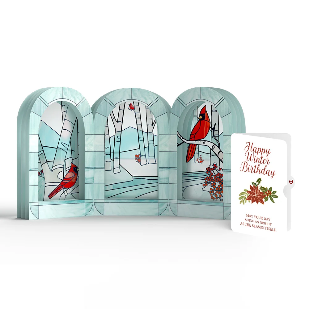 Lovepop Stained Glass Winter Cardinal Pop-Up Gift and Poinsettia Birthday Sentiment Set
