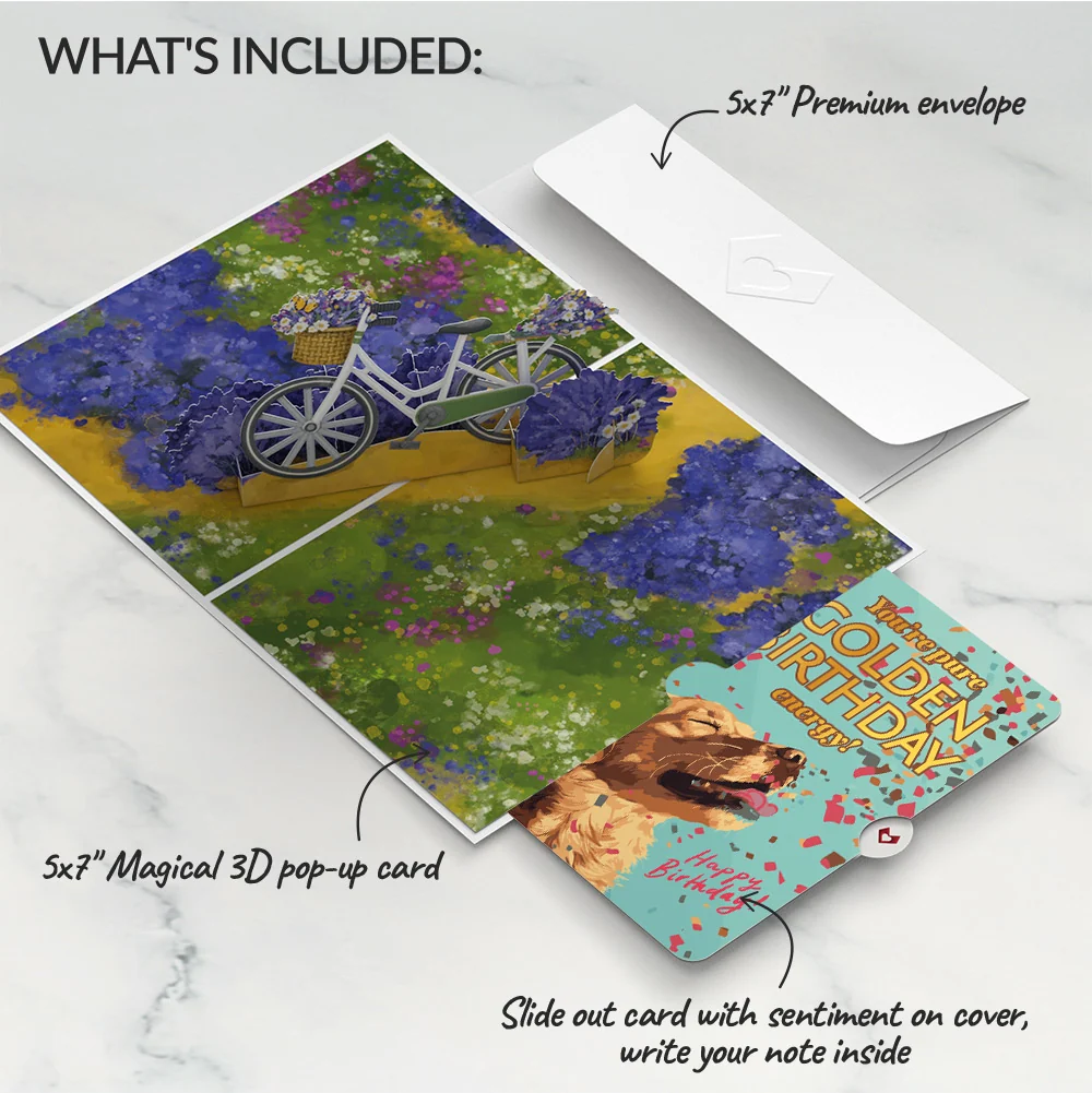 Lovepop Lavender Bicycle Birthday Pop-Up Card and Golden Energy Sentiment Set - Image 2