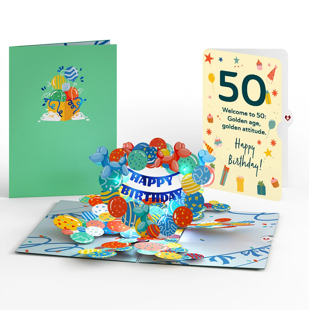 Lovepop Happy 50th Birthday Balloons Music and Lights Pop-Up Card and Sentiment Set