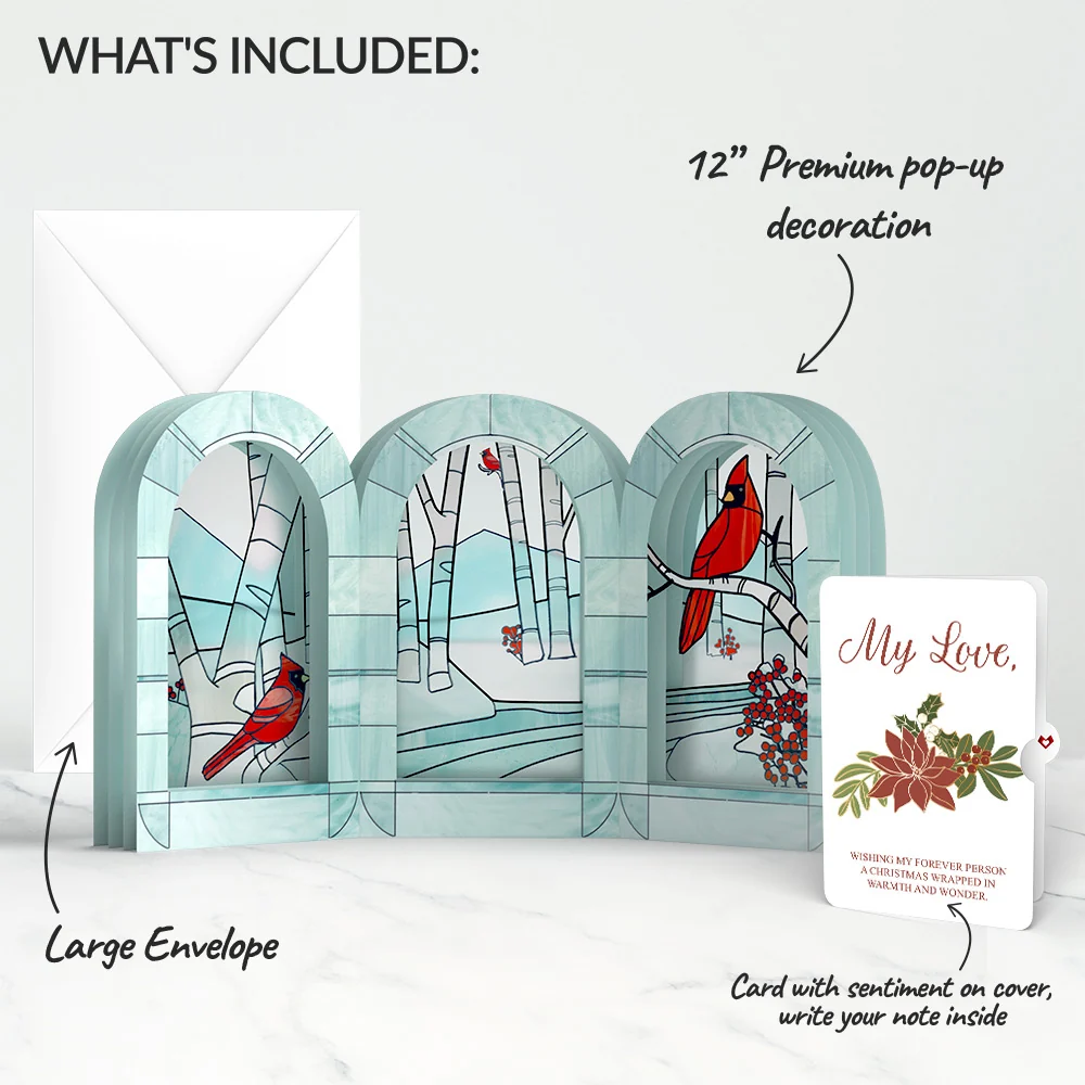 Lovepop Stained Glass Winter Cardinal Pop-Up Gift and Poinsettia Love Sentiment Set for Partner - Image 2