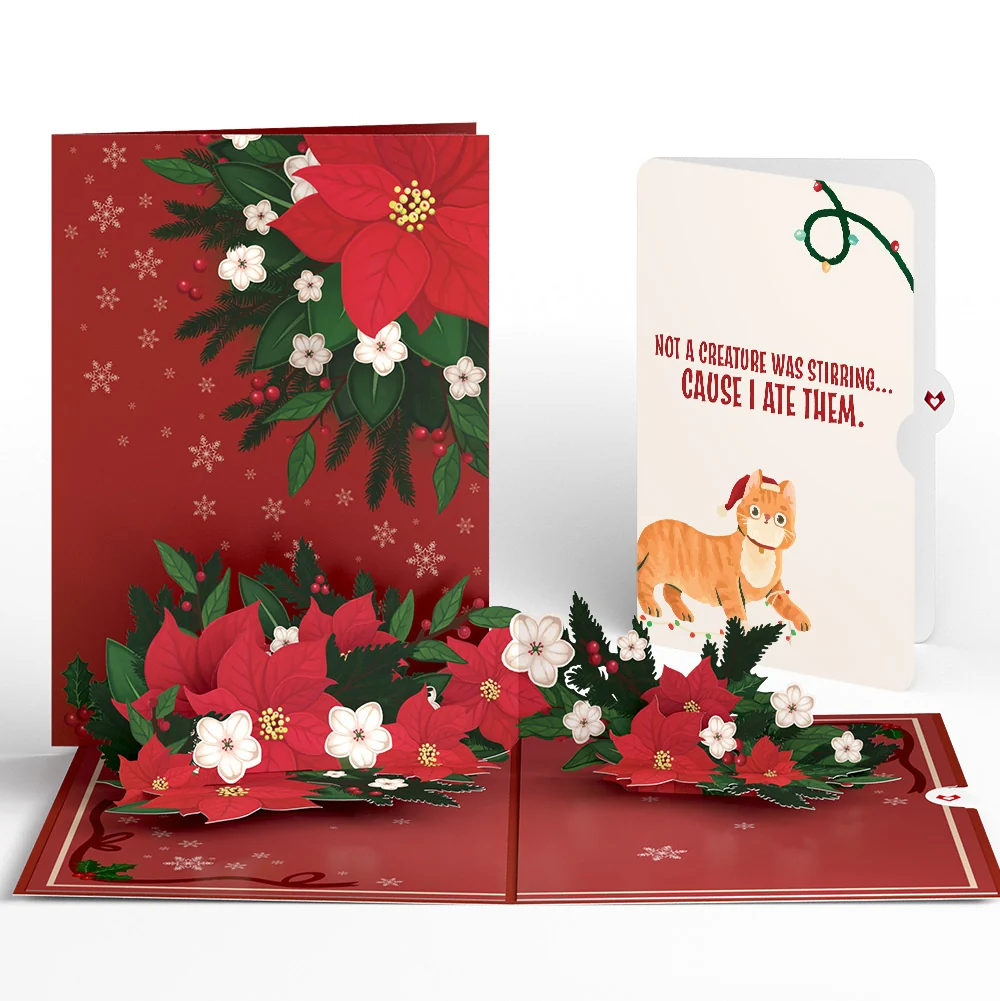 Lovepop Poinsettia & Pine Christmas Pop-Up Card and Hungry Cat Sentiment Set Cream