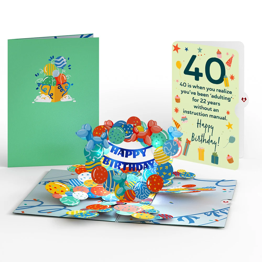Lovepop Happy 40th Birthday Balloons Music and Lights Pop-Up Card and Sentiment Set