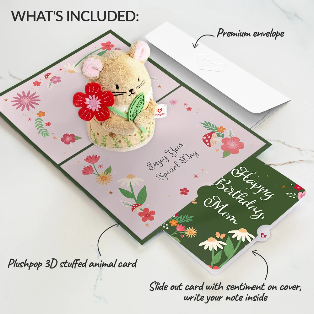 Lovepop 'Happiest Birthday Wishes' Floral Field Mouse Plushpop Card and Sentiment Set for Mom - Image 2
