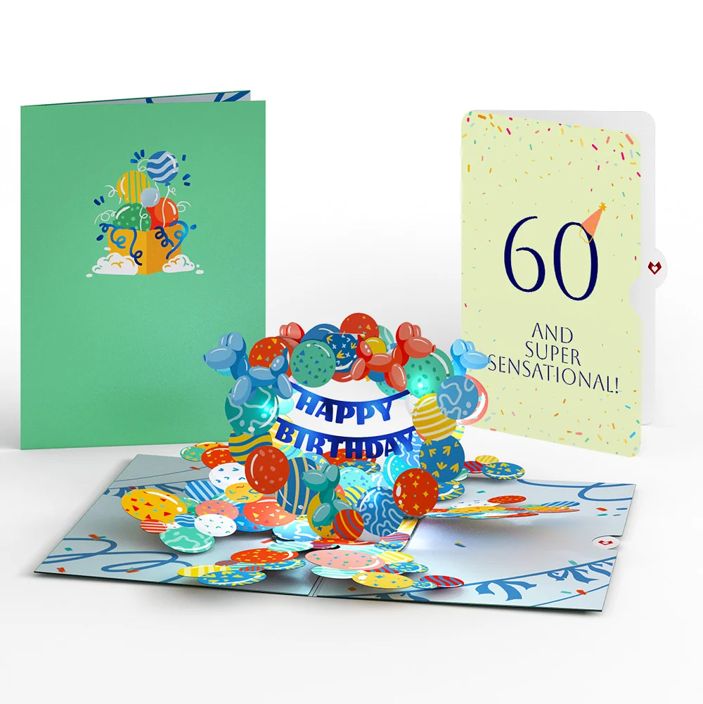 Lovepop Happy 60th Birthday Balloons Music and Lights Pop-Up Card and Party Hat Sentiment Set