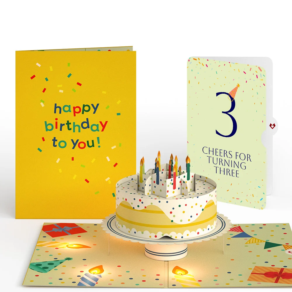 Lovepop Happy 3rd Birthday Confetti Cake Music and Lights Pop-Up Card and Party Hat Sentiment Set Candle