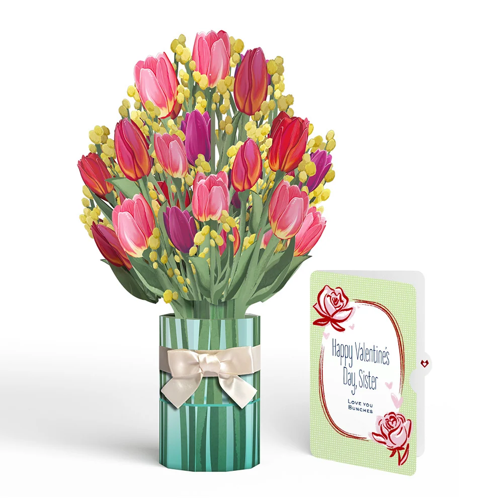 Lovepop Cheerful Tulips Valentine Bouquet and Sweet Rose Sentiment Set for Sister Vase
