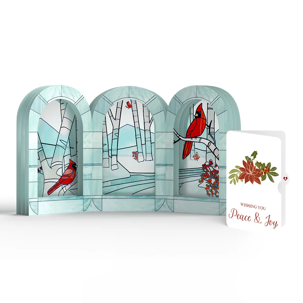Lovepop Stained Glass Winter Cardinal Pop-Up Gift and Poinsettia Peace & Joy Christmas Sentiment Set