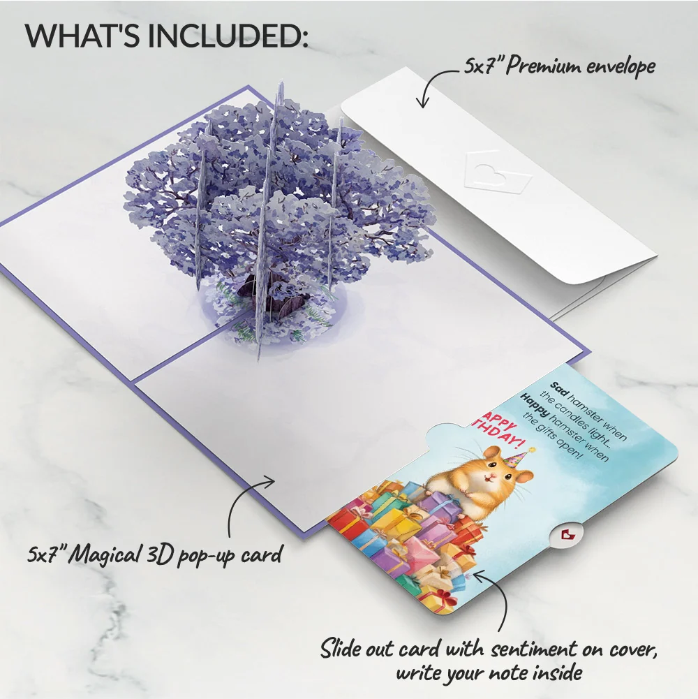 Lovepop Watercolor Jacaranda Tree Birthday Pop-Up Card and Happy Hamster Sentiment Set Candle - Image 2