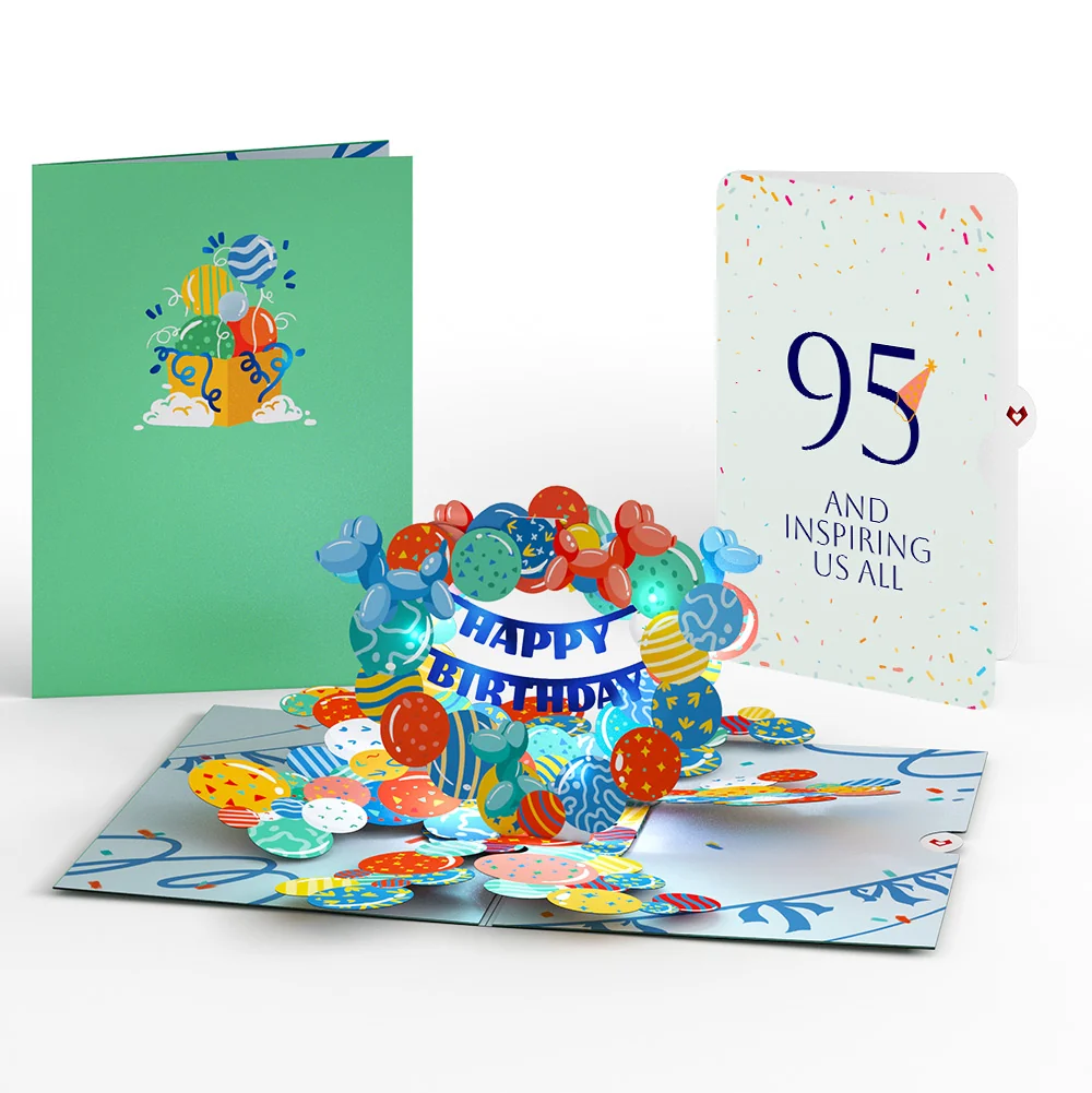 Lovepop Happy 95th Birthday Balloons Music and Lights Pop-Up Card and Party Hat Sentiment Set