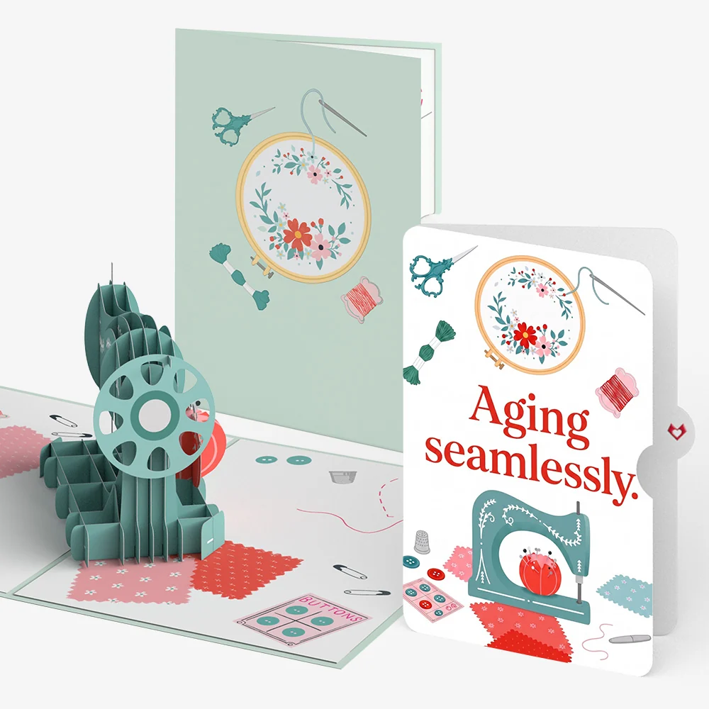 Lovepop Classic Sewing Machine Birthday Pop-Up Card and Aging Seamlessly Sentiment Set