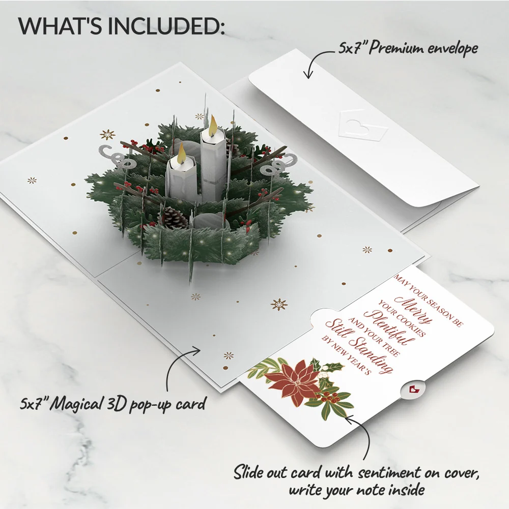 Lovepop Winter Greens Christmas Candle Pop-Up Card and Poinsettia Merry & Plentiful Sentiment Set - Image 2