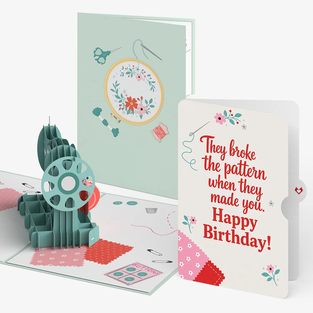 Lovepop Classic Sewing Machine Birthday Pop-Up Card and Broke The Pattern Sentiment Set