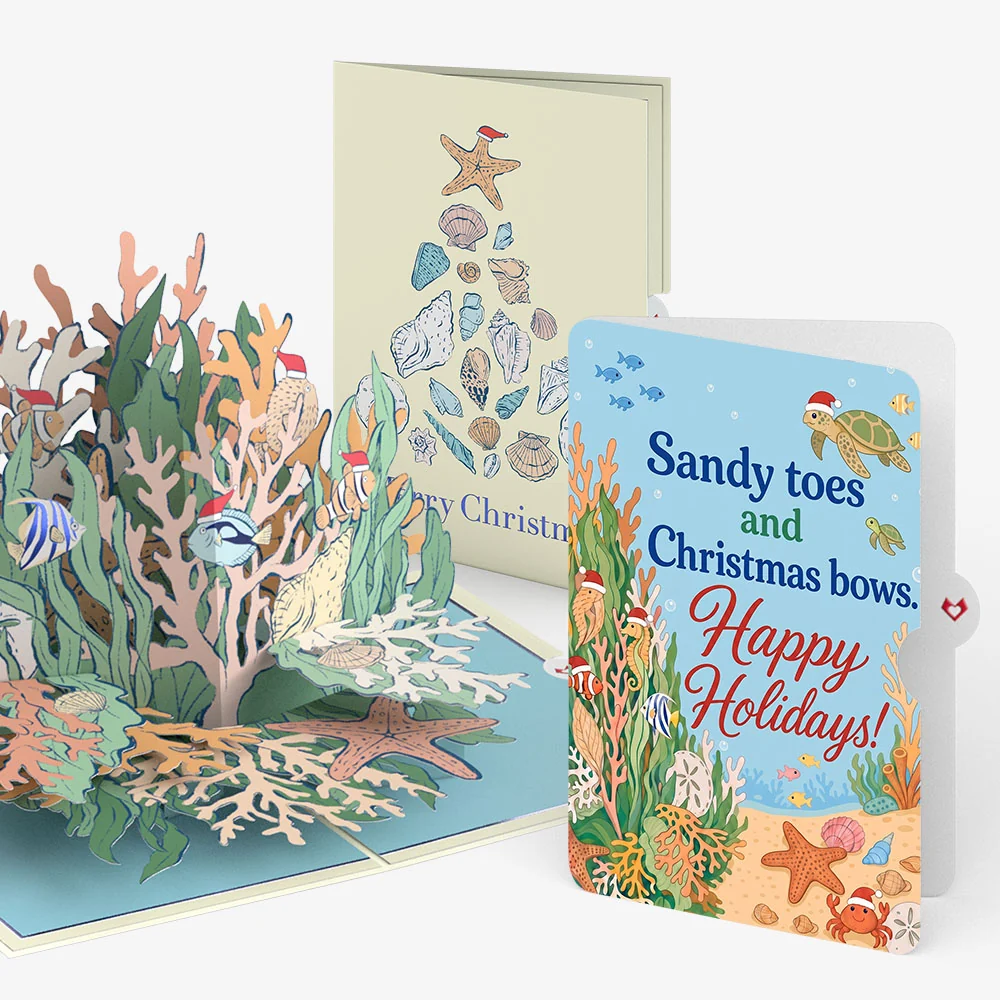 Lovepop Christmas Coral Pop-Up Card and Sandy Toes Sentiment Set Cream
