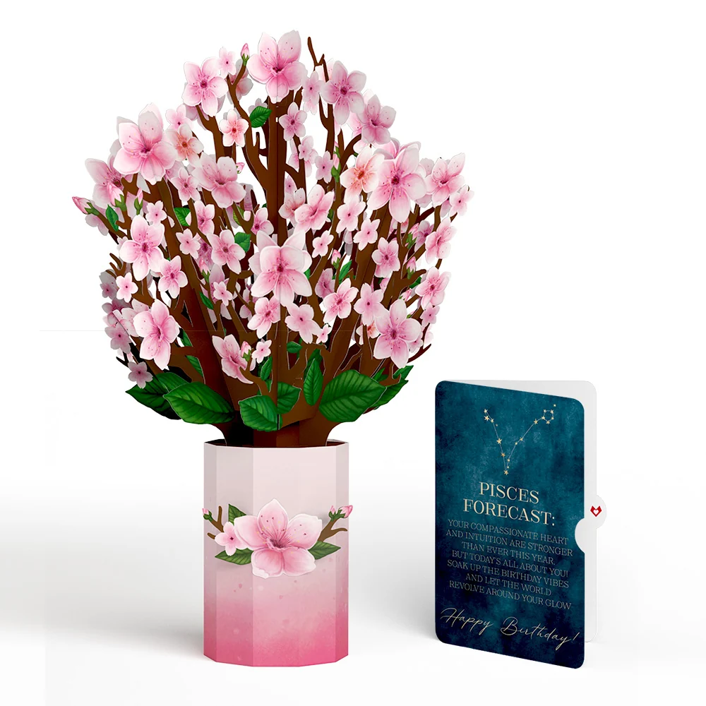 Lovepop Cherry Blossom Birthday Bouquet and Pisces Zodiac Sentiment Set Vase