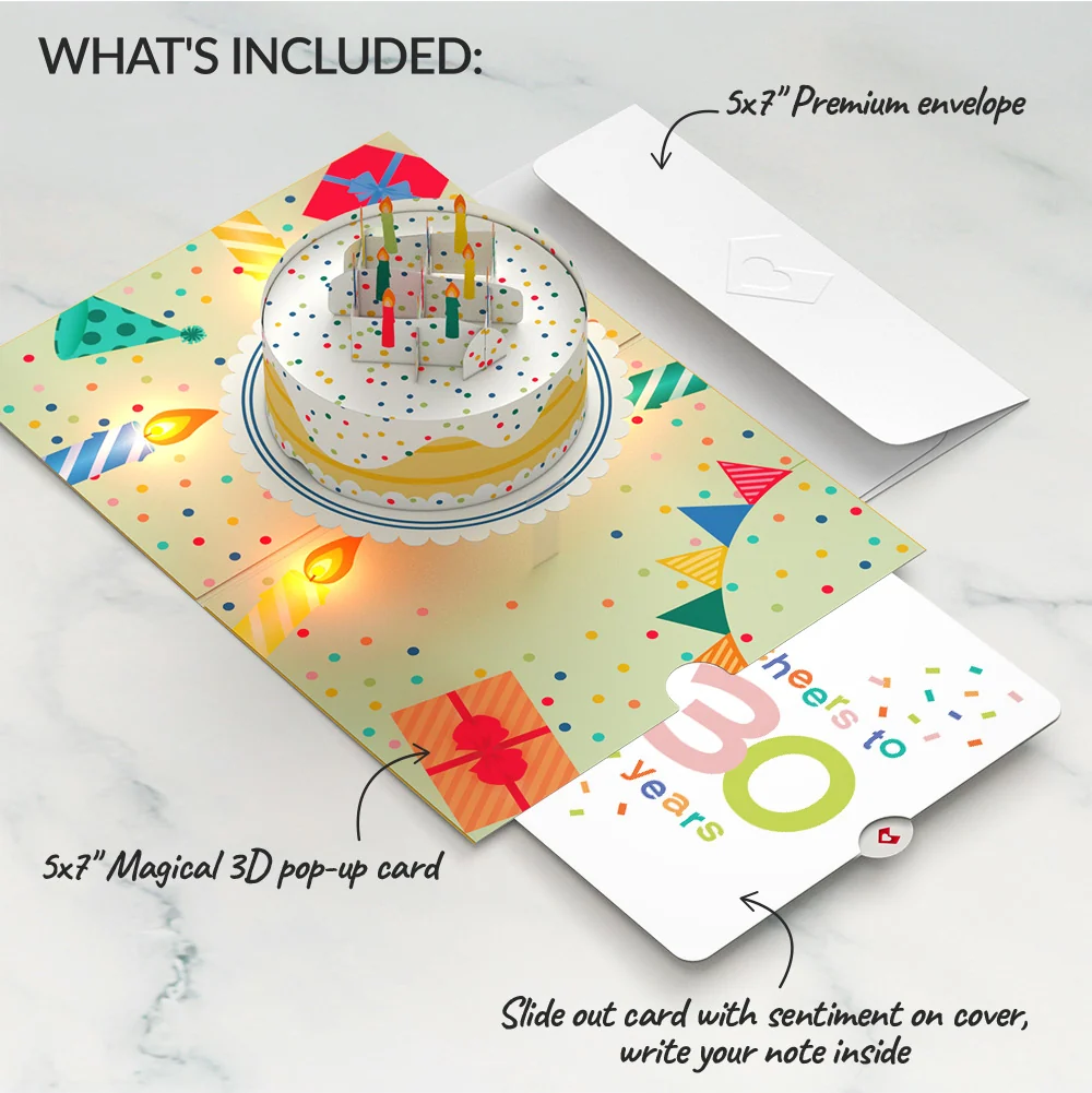 Lovepop Happy Birthday Confetti Cake Music and Lights Pop-Up Card and Cheers to 30th Years Sentiment Set Candle - Image 2
