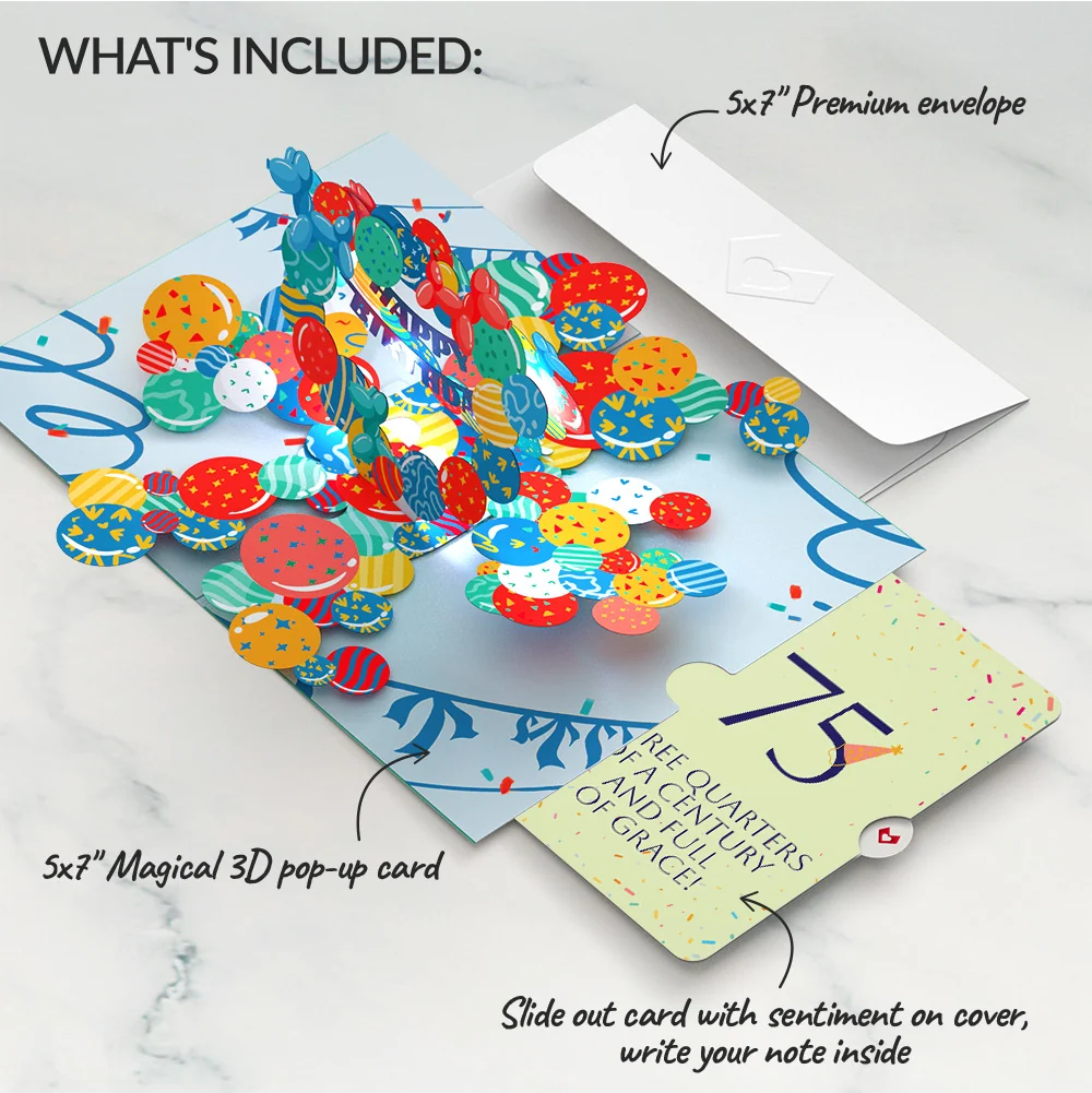 Lovepop Happy 75th Birthday Balloons Music and Lights Pop-Up Card and Party Hat Sentiment Set - Image 2