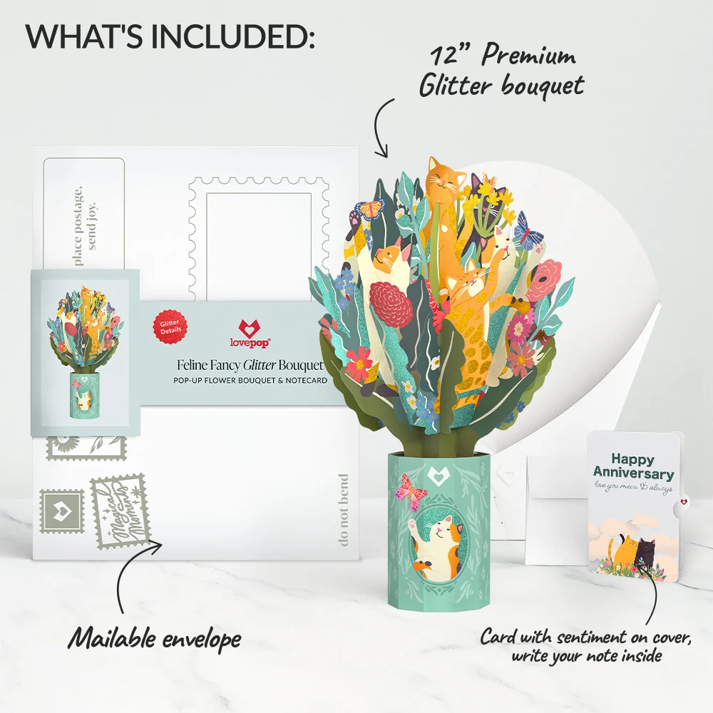 Lovepop Feline Fancy Anniversary Glitter Bouquet and Lovey Cats Love You Meow Sentiment Set Vase - Image 2